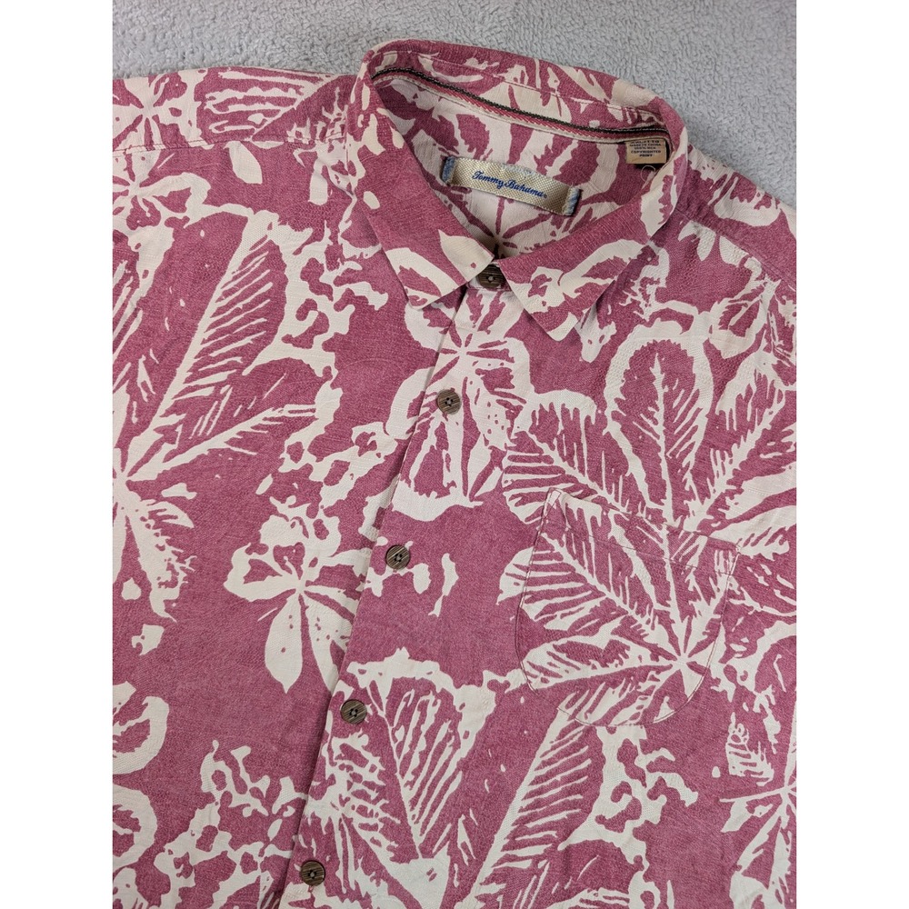 Tommy Bahama Mens XXL Pink White‎ Silk Tropical Leaf Print Camp Shirt